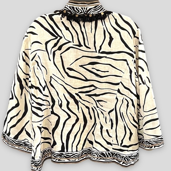 Chico’s Size 3 Linen Zebra Print Open Front With Fringe Jacket - Picture 2 of 4